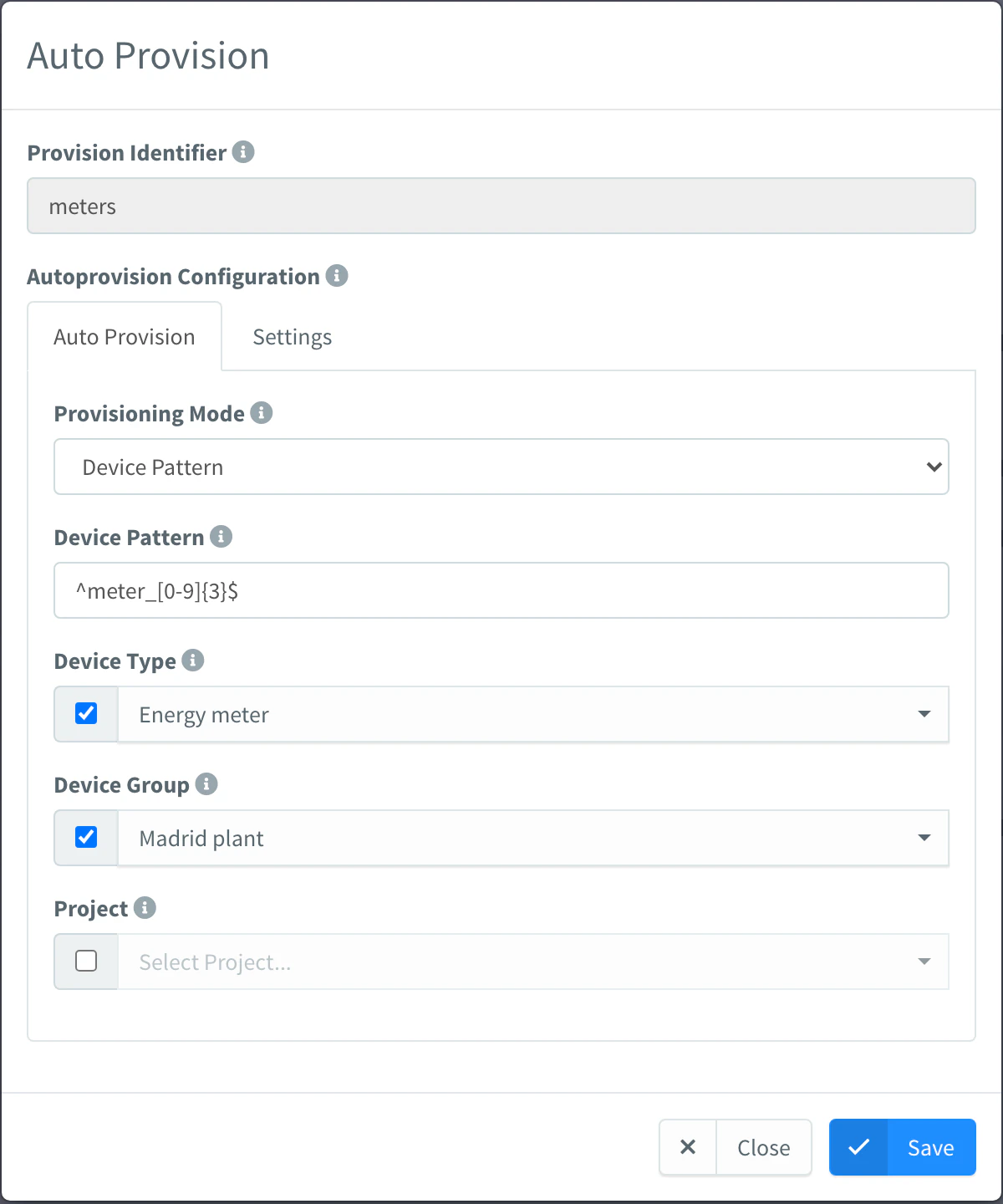 Auto Provision modal of the meter product with the device pattern ^meter_[0-9]{3}$, the energy_meter asset type and the madrid_plant asset group