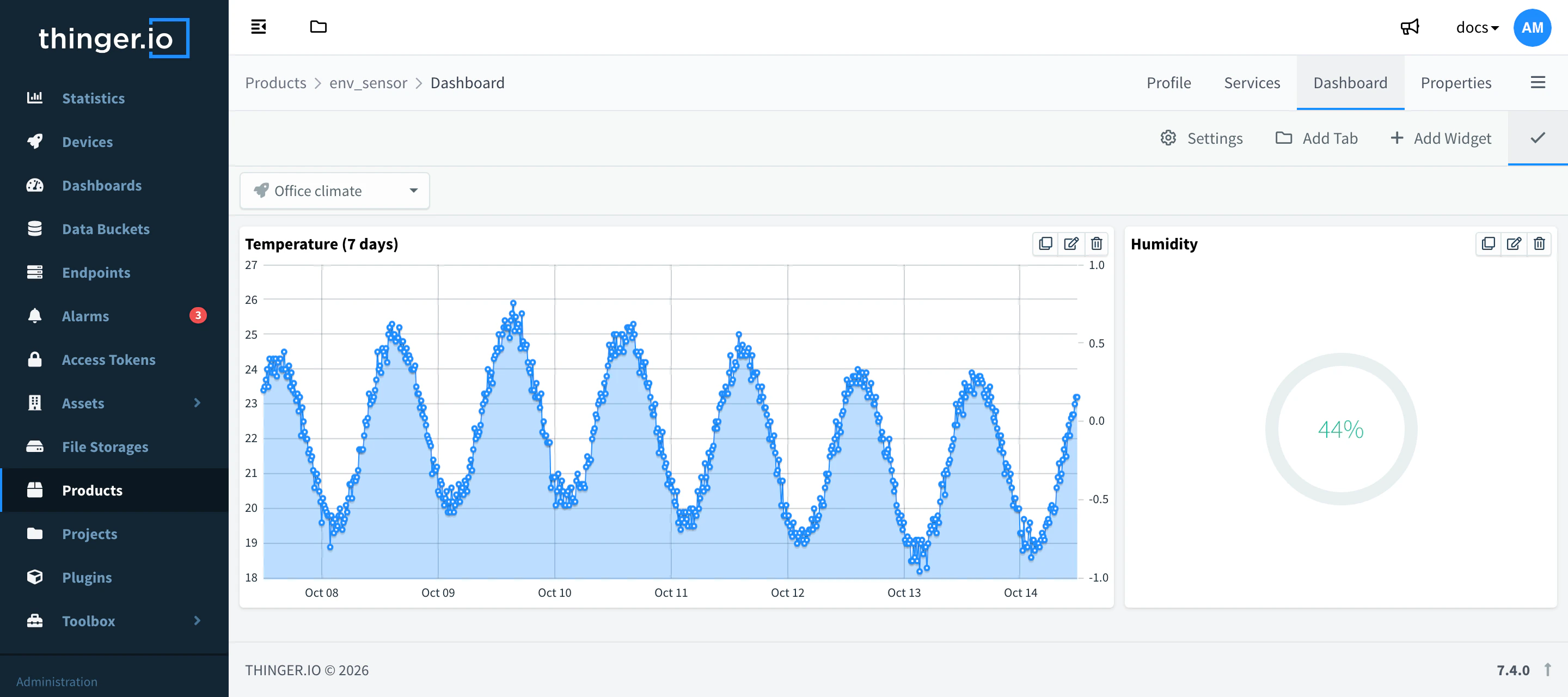Product dashboard of env_sensor in edit mode, previewing the office_climate device