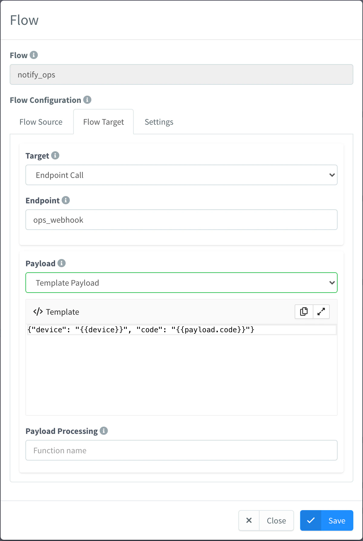 Flow modal of the meter product on its Flow Target tab, with an Endpoint Call to ops_webhook and a template payload