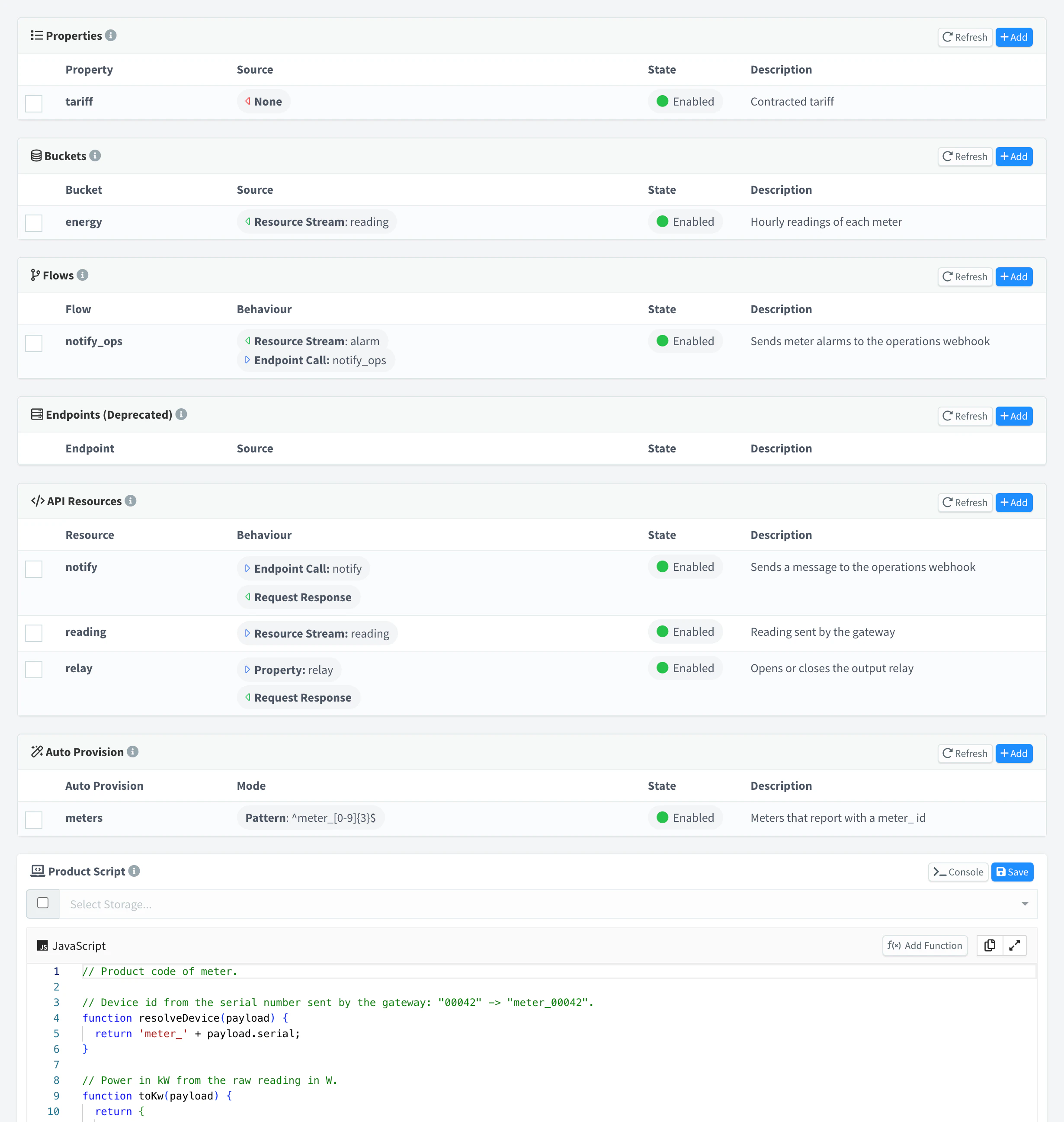 Profile tab of the meter product with its Properties, Buckets, Flows, API Resources, Auto Provision and Product Script cards