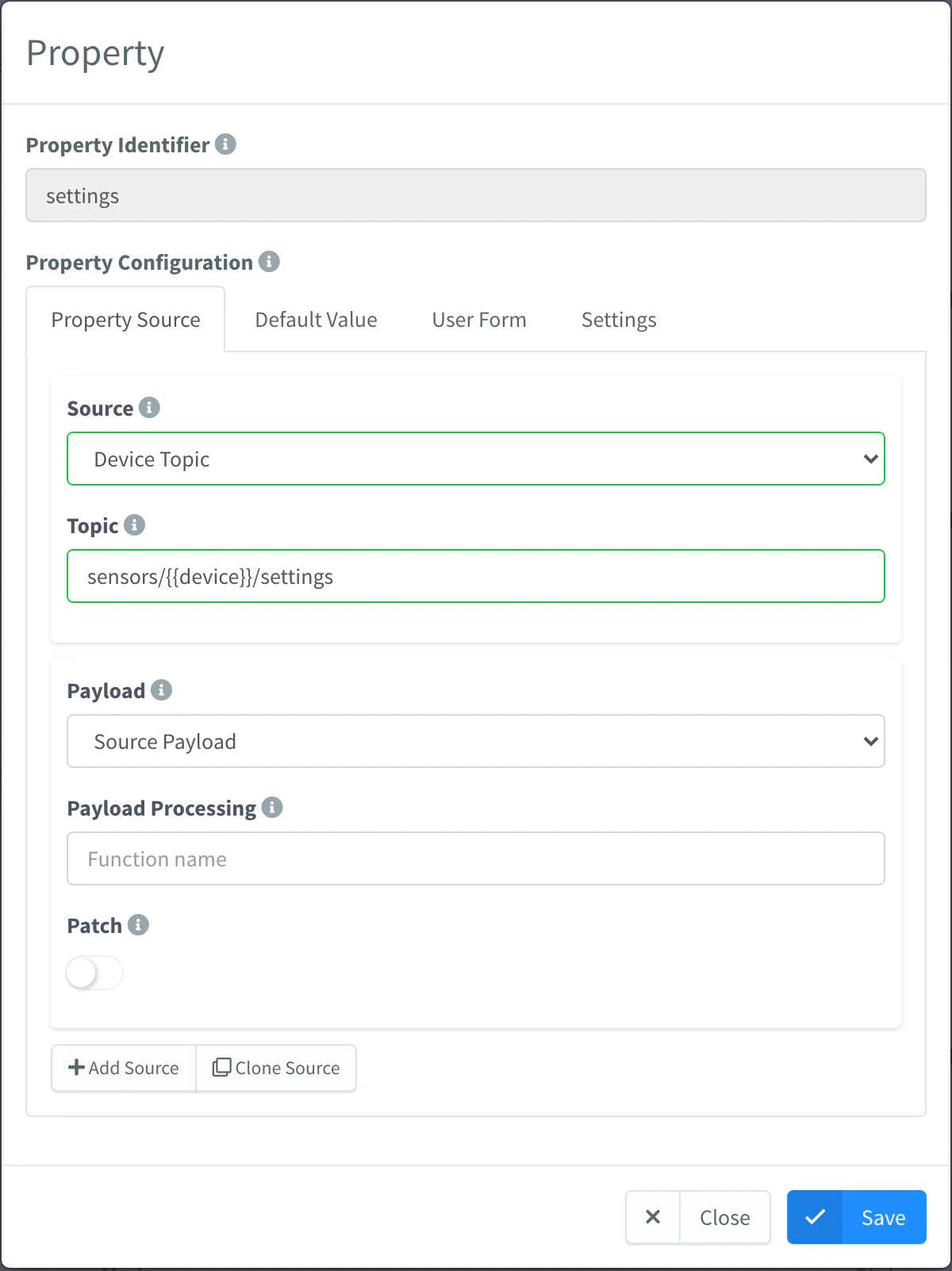 Property modal of the env_sensor product with a Device Topic source and the Source Payload option