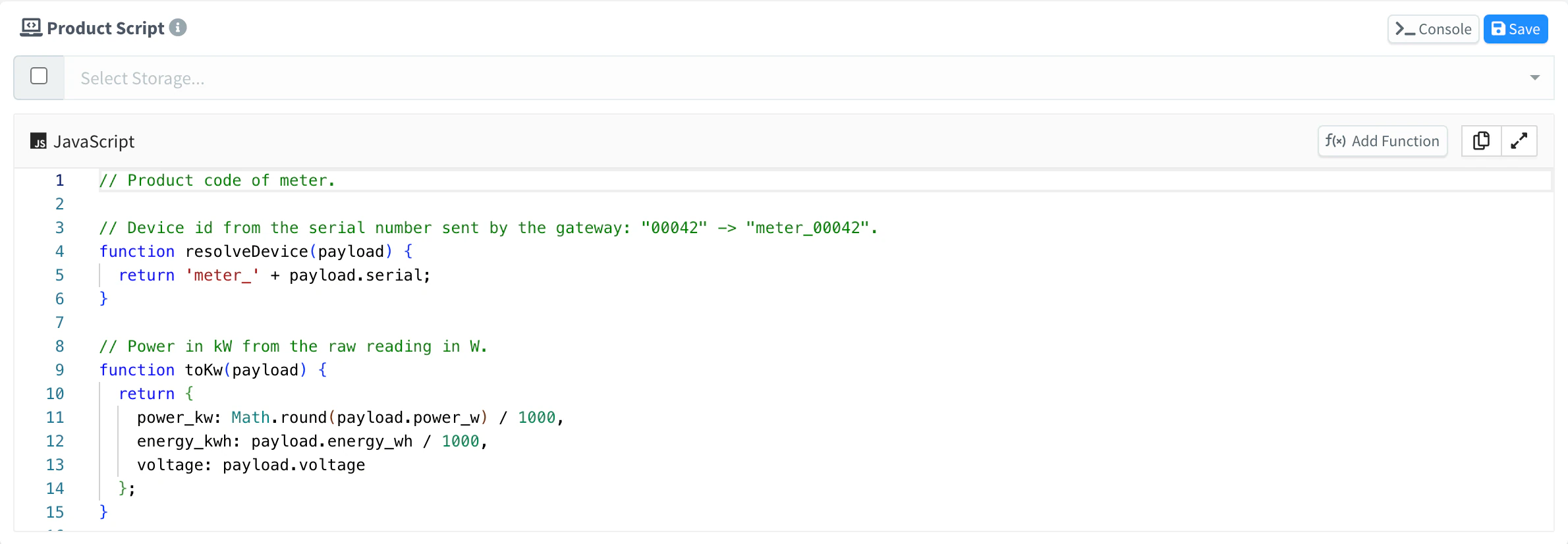 Product Script card of the meter product with the resolveDevice and toKw functions in the editor and the Console button
