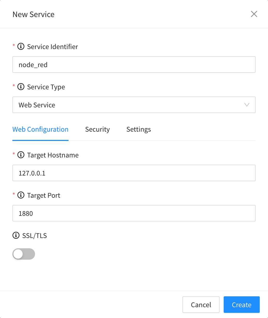 New Service modal of a product with a Web Service that targets 127.0.0.1 on port 1880