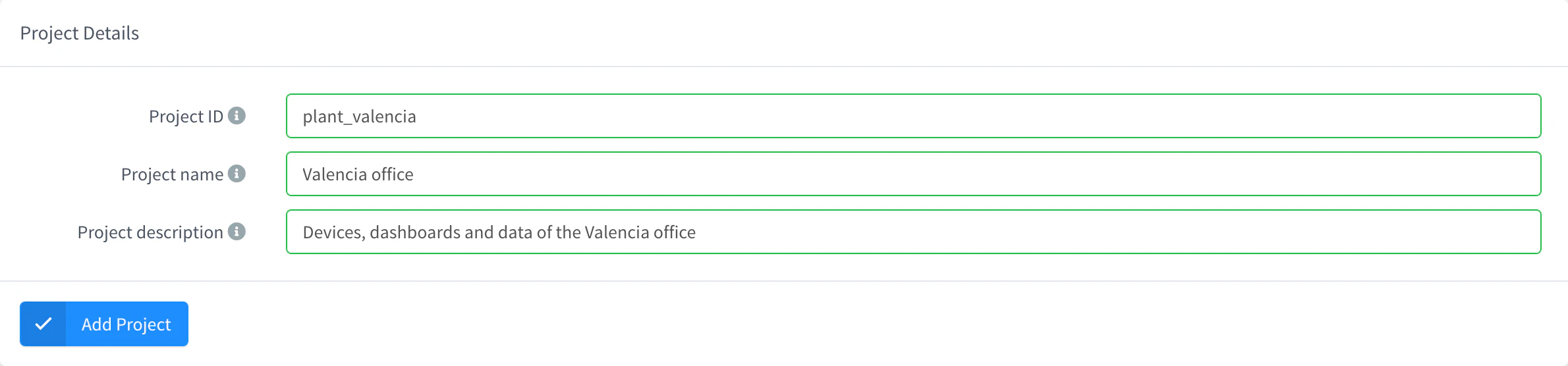 Add Project form with the project ID, the name and the description filled in