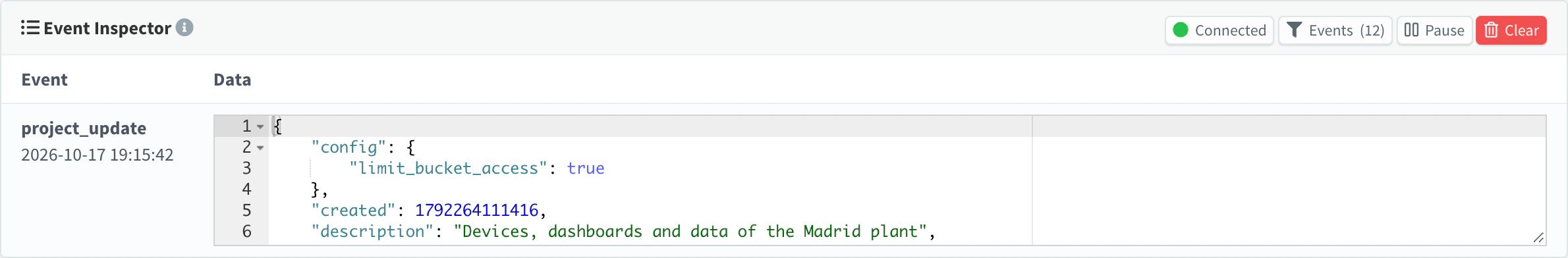 Event Inspector of the plant_madrid project, connected, with 12 events selected and a project_update event whose data is the project with its config, created time and description