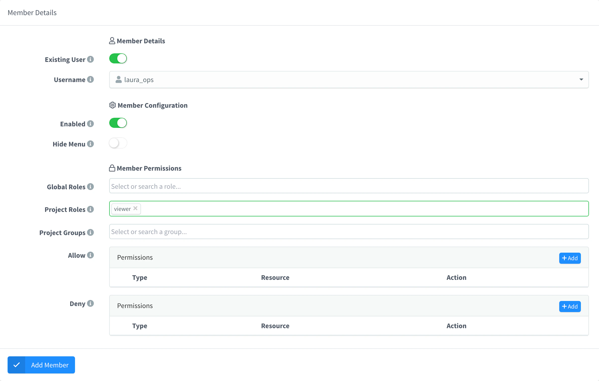 Add Member form of the plant_madrid project with the existing user laura_ops and the viewer project role