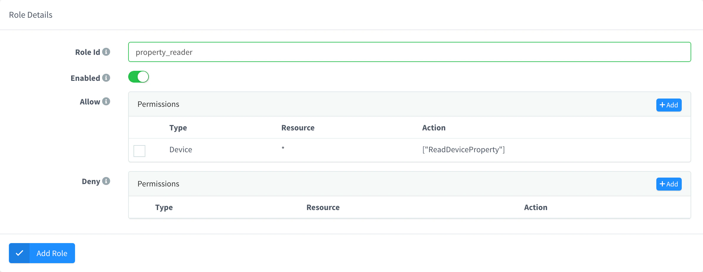 Add Role form of the plant_madrid project with one Allow permission: read the properties of any device