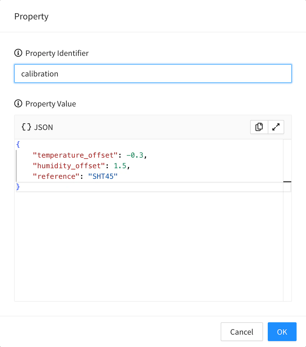 Property dialog with the identifier and a JSON object as value