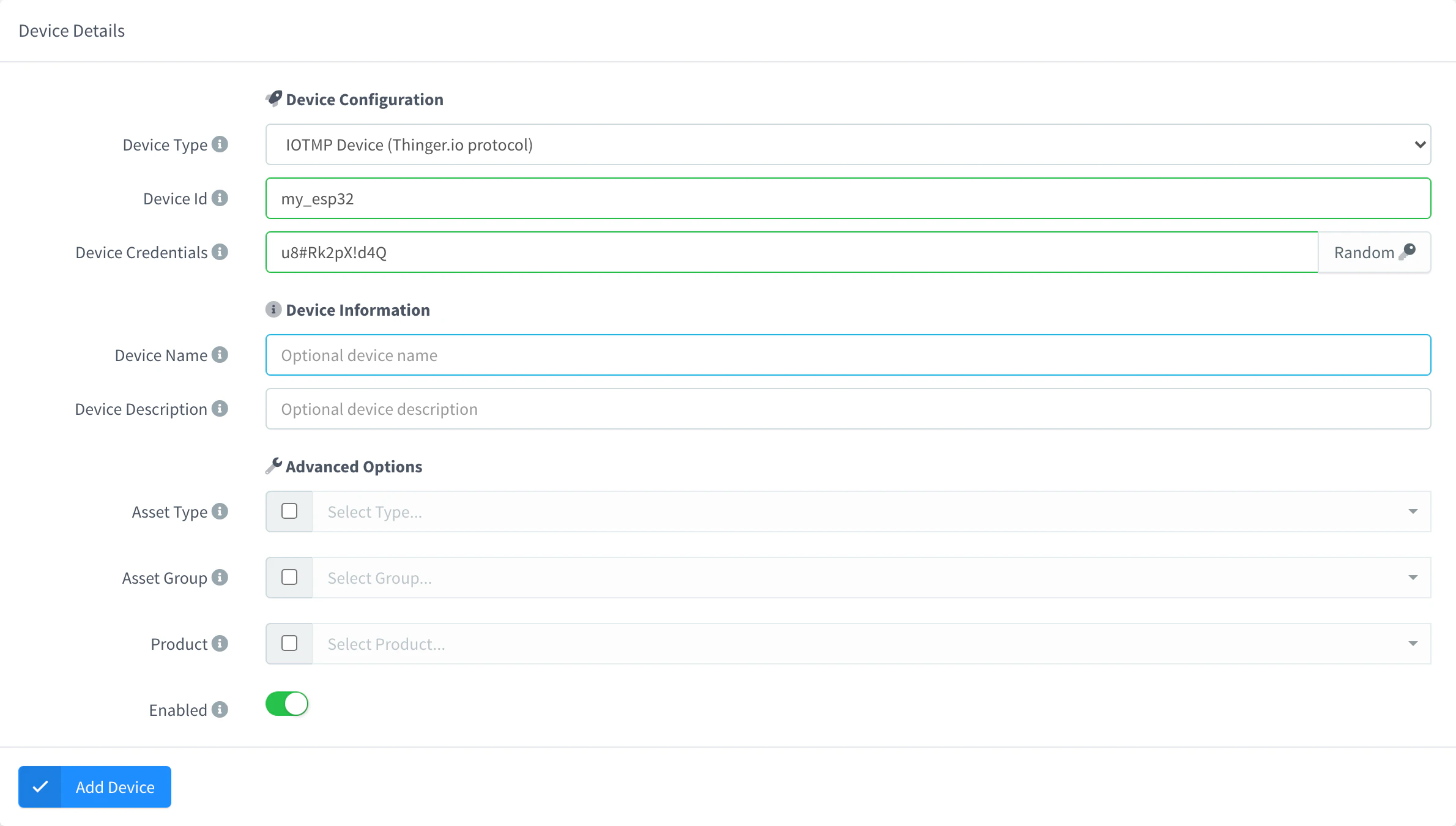 Add Device form with the IOTMP device type, a device ID and credentials