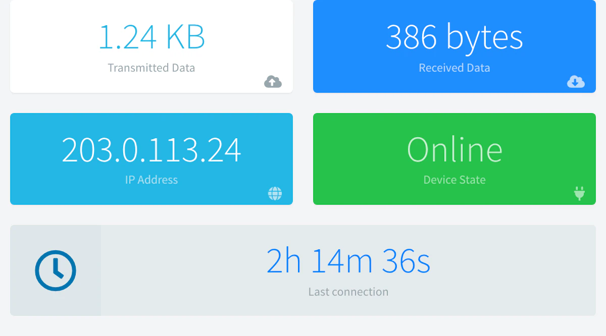 Device Status with Device State Online, transmitted and received data and the connection time