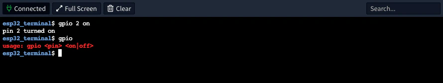 Terminal with gpio 2 on answered by pin 2 turned on, and gpio without arguments answered by the usage message in red