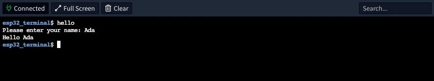 Terminal running hello: it asks Please enter your name, receives Ada and answers Hello Ada