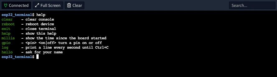 Terminal with the output of help: the built-in commands clear, reboot, exit and help, and the commands of the sketch with their descriptions