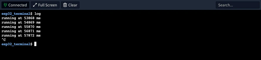 Terminal running the log command, with a line every second until ^C stops it and the prompt returns