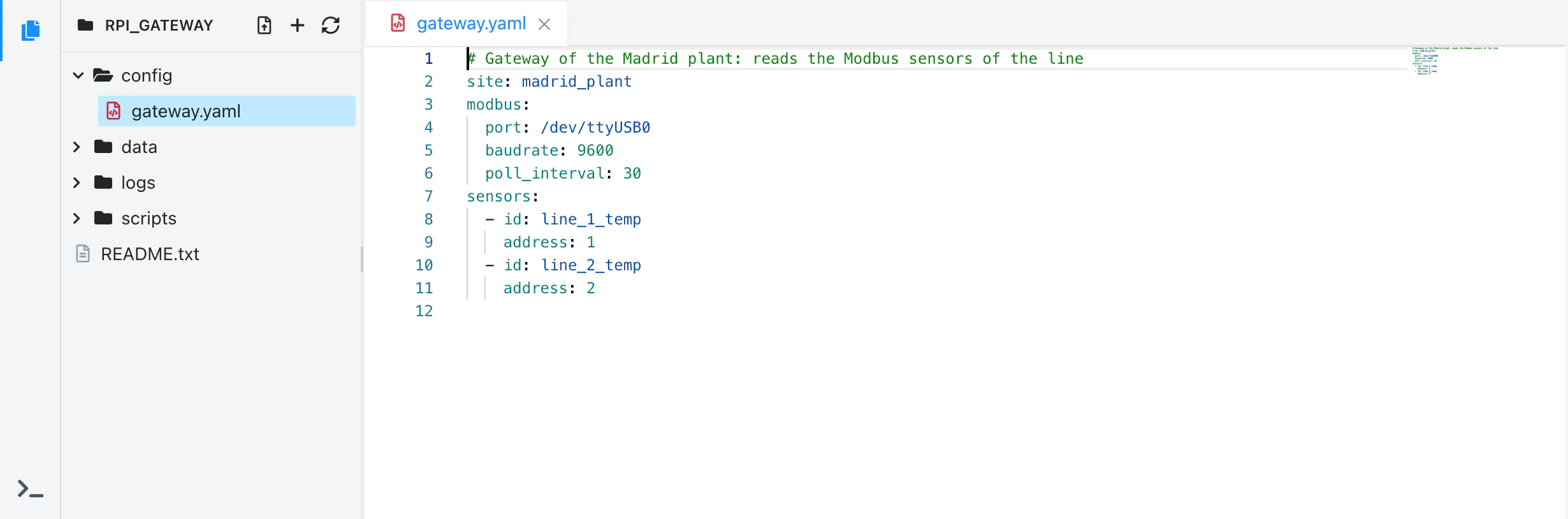 Explorer of a Linux device with the folders config, data, logs and scripts and the file README.txt, the config folder open and gateway.yaml open in the editor