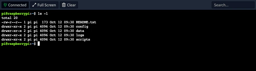 Terminal of a Linux device, connected, with the prompt pi@raspberrypi:~$ and the output of ls -l: README.txt and the folders config, data, logs and scripts
