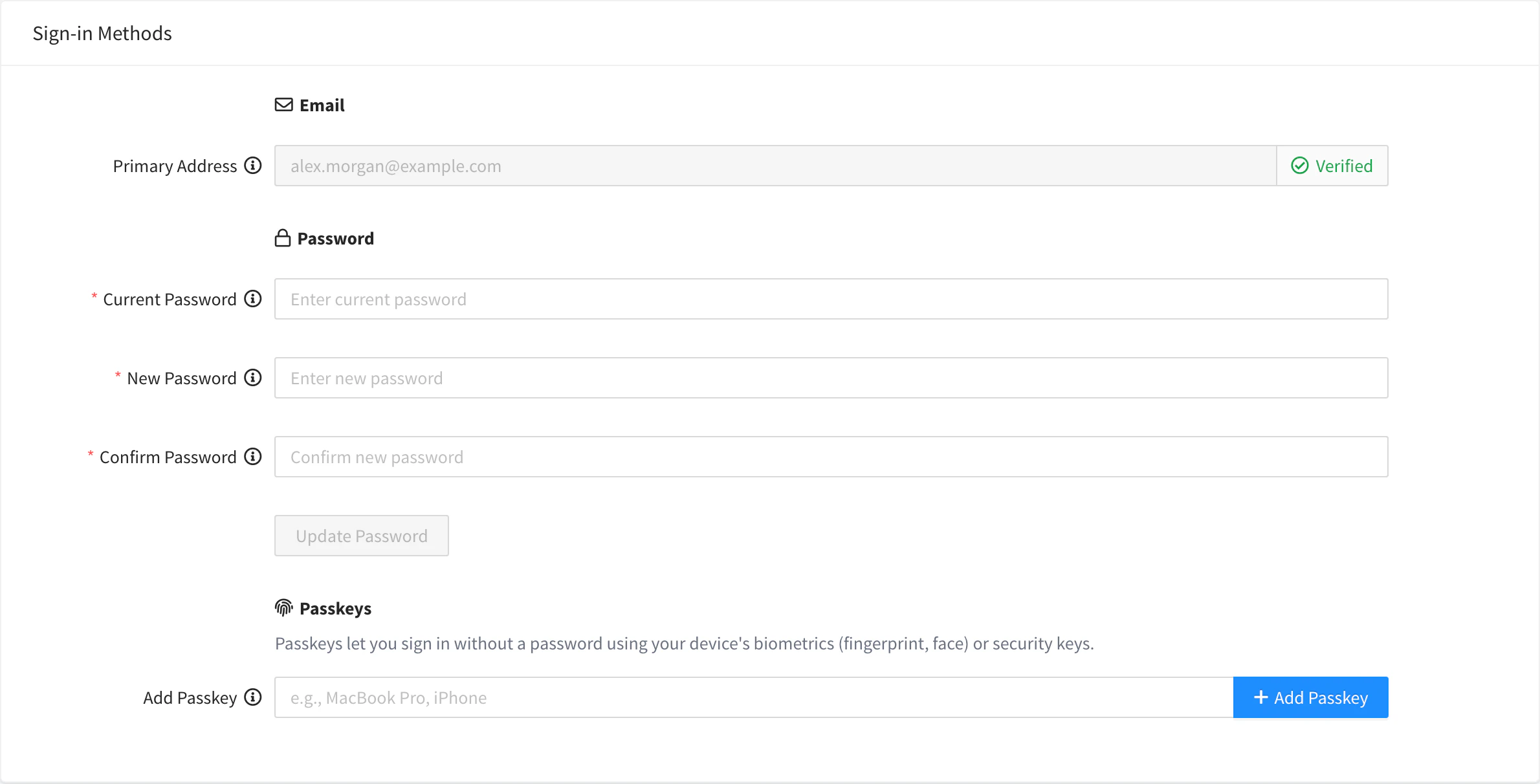 Sign-in Methods form with the verified email, the password form and the Passkeys section, with no passkey added yet