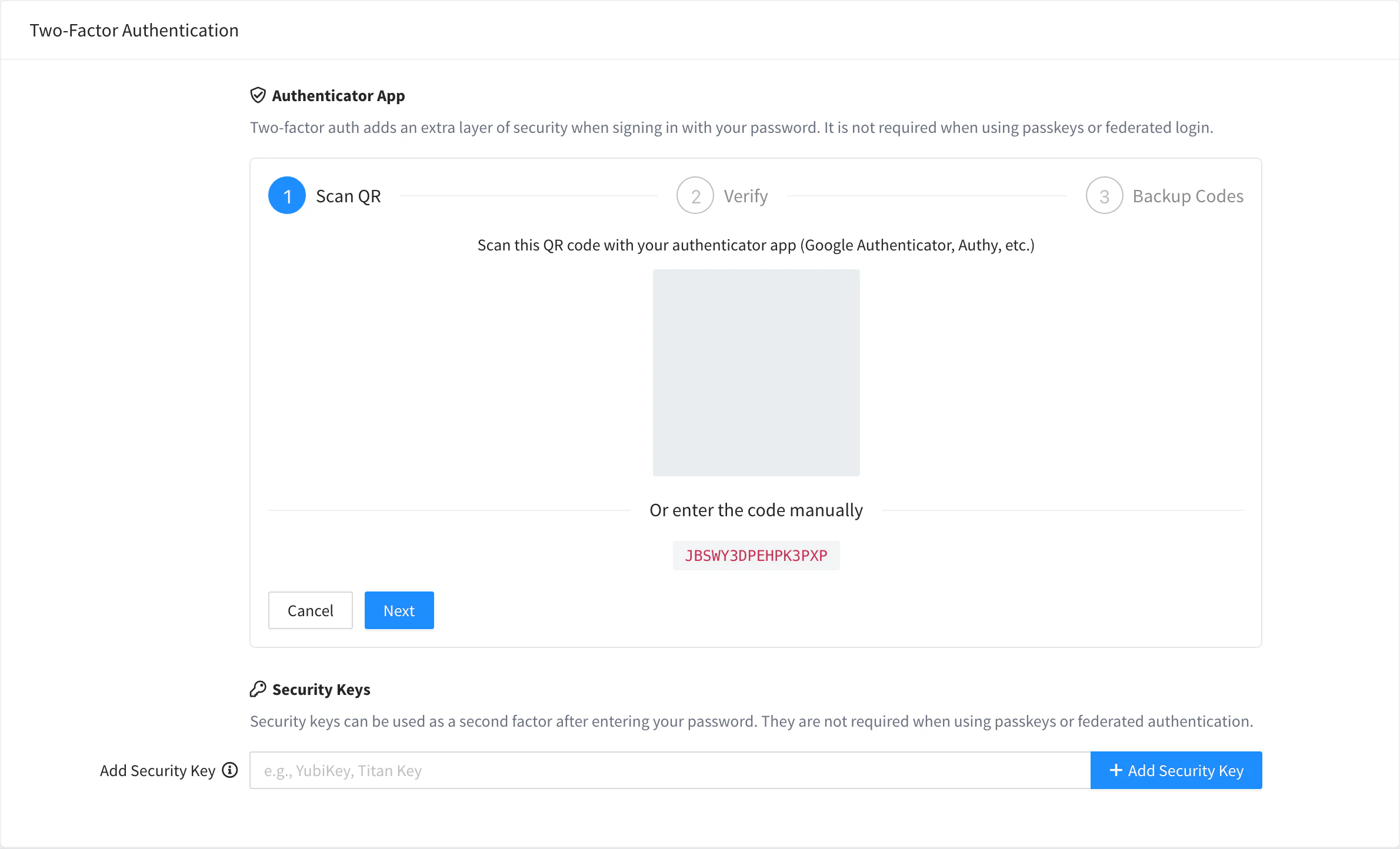 Scan QR step of the authenticator app setup, with the QR code and the secret key
