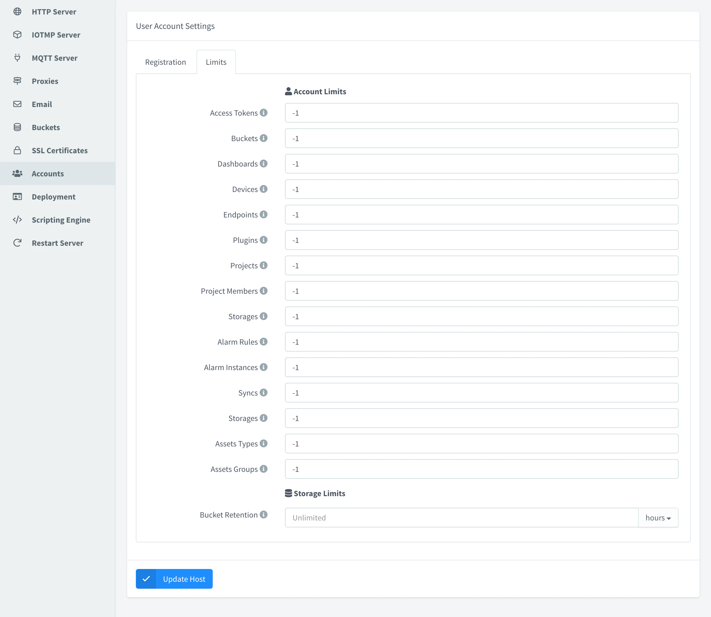 Limits tab of the Accounts section with the default account limits, all set to -1 (unlimited), and the bucket retention