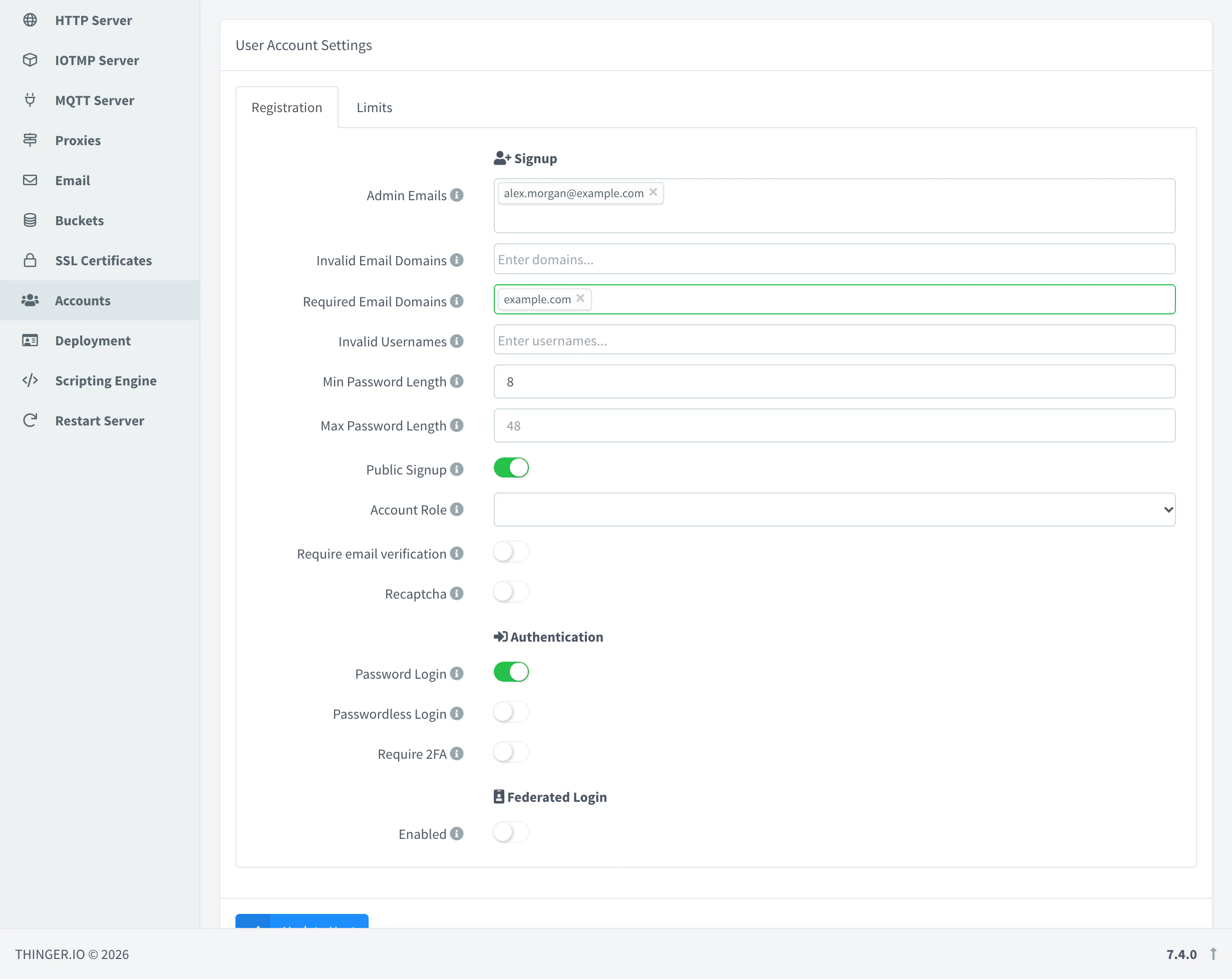 Registration tab of the Accounts section with the admin email, example.com as required email domain, password lengths, Public Signup on and the authentication options