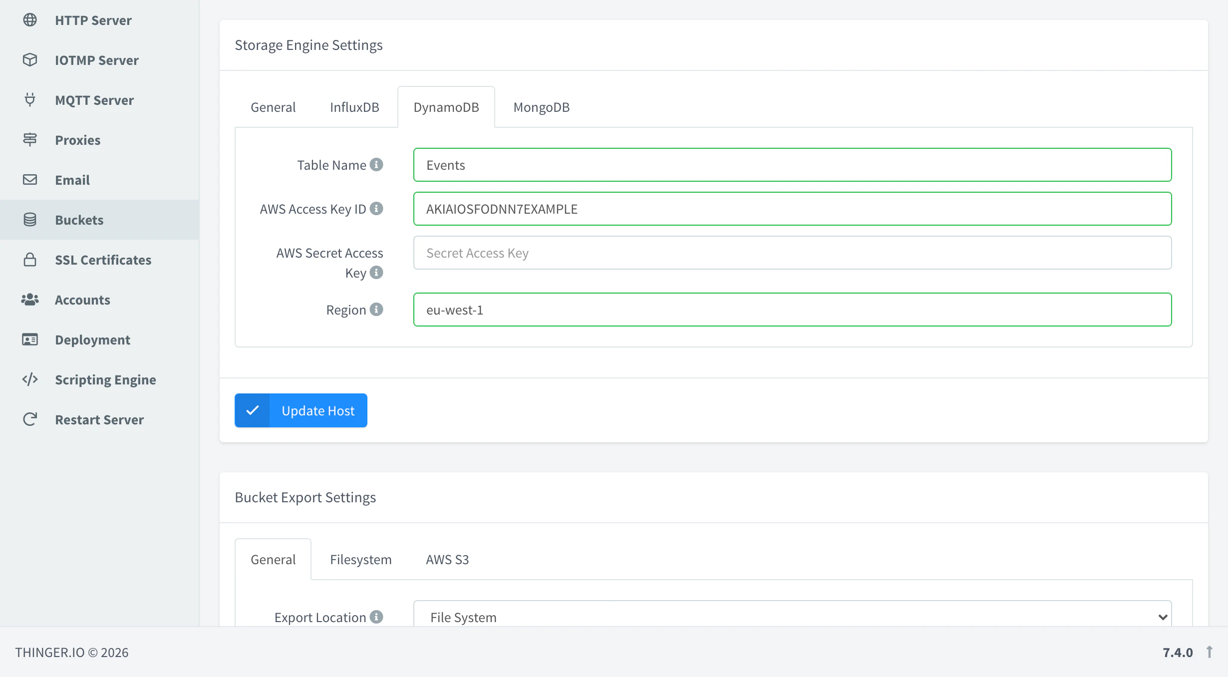 DynamoDB tab of the Storage Engine Settings with Events as table name, the AWS access key ID, an empty secret access key and the region eu-west-1