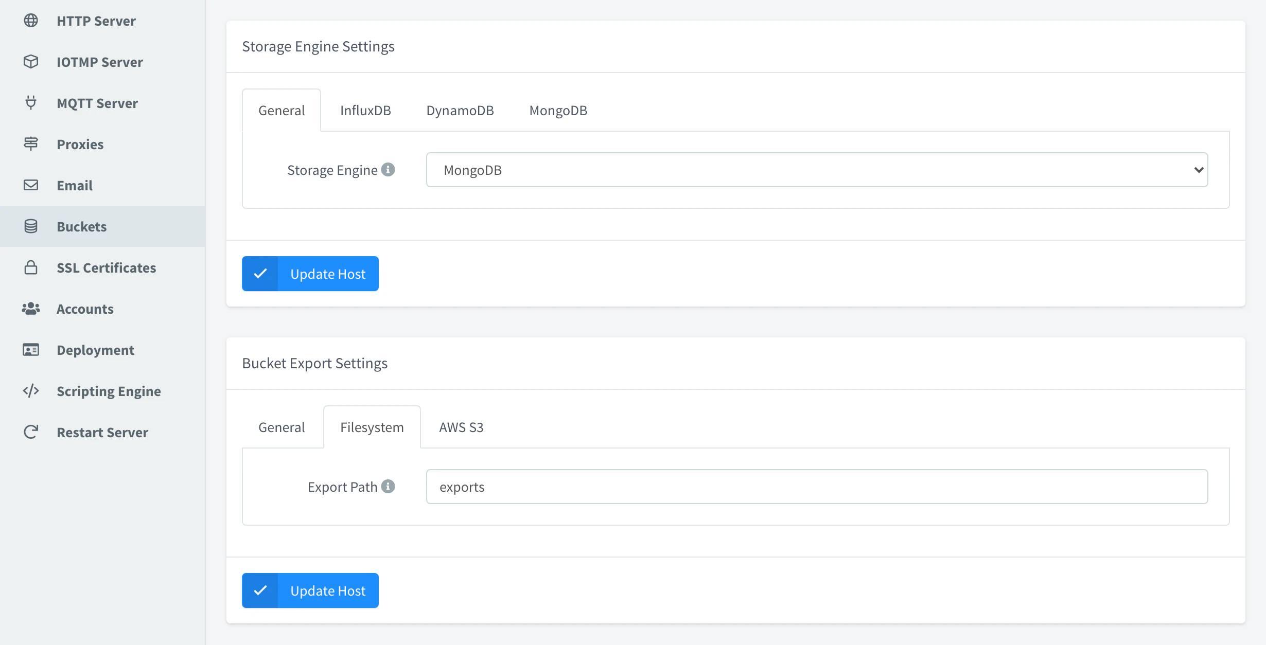 Filesystem tab of the Bucket Export Settings with exports as Export Path