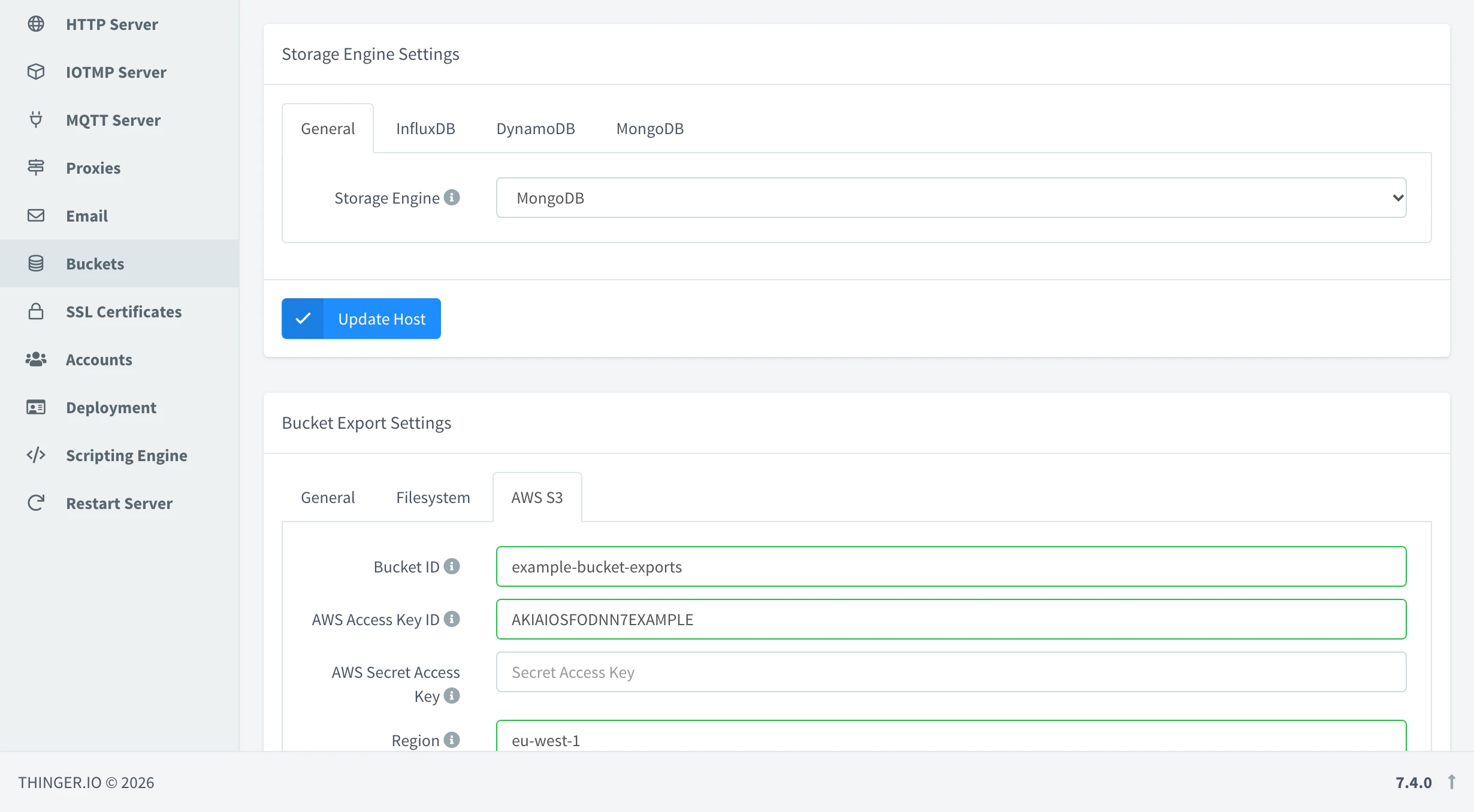 AWS S3 tab of the Bucket Export Settings with the bucket, the access key ID, an empty secret access key and the region
