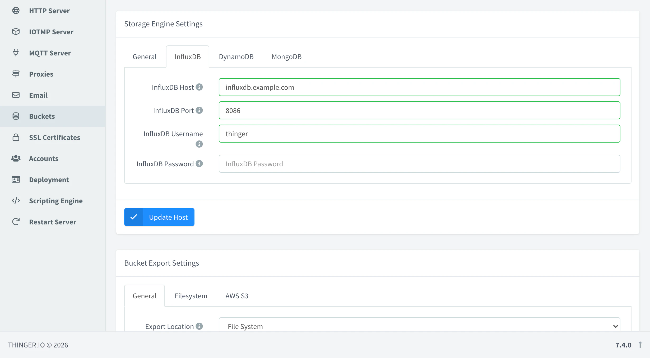 InfluxDB tab of the Storage Engine Settings with influxdb.example.com as host, port 8086, a username and an empty password
