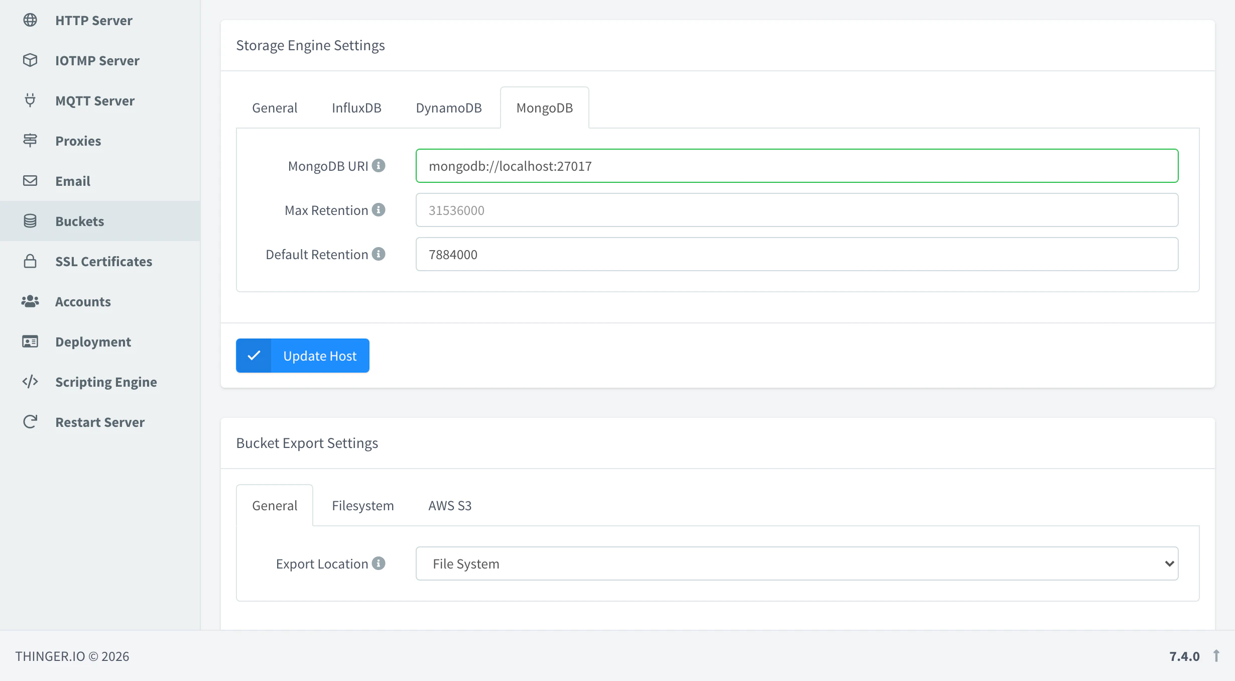 MongoDB tab of the Storage Engine Settings with the MongoDB URI, an empty Max Retention and 7884000 seconds as Default Retention