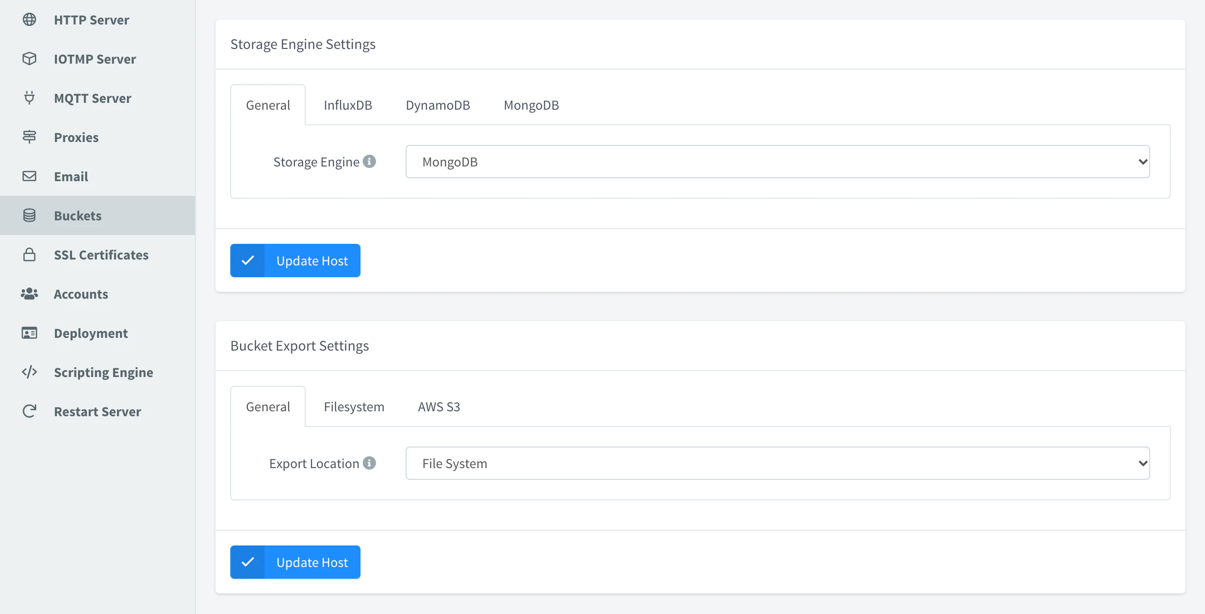 Buckets section of the server settings: Storage Engine Settings with the General, InfluxDB, DynamoDB and MongoDB tabs and MongoDB as storage engine, and Bucket Export Settings below