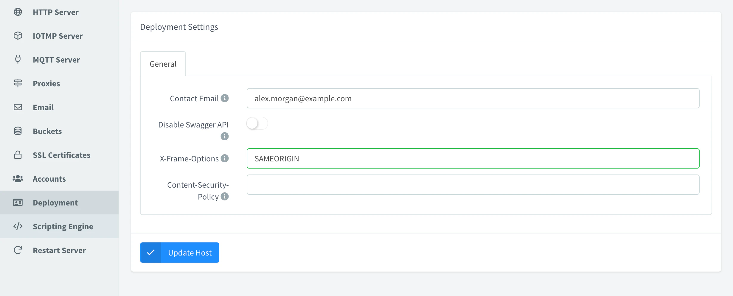 Deployment section of the server settings with the contact email, the Disable Swagger API switch, SAMEORIGIN as X-Frame-Options and an empty Content-Security-Policy