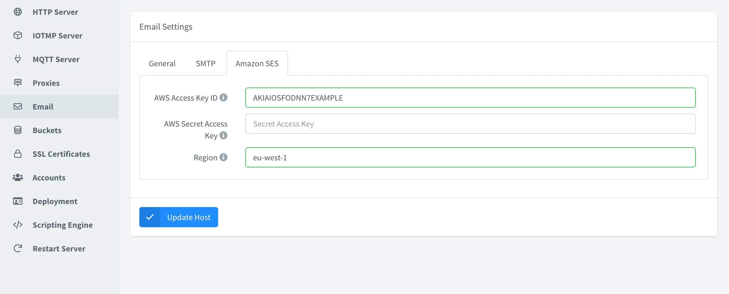 Amazon SES tab of the Email section with the AWS access key ID, an empty secret access key and the region eu-west-1