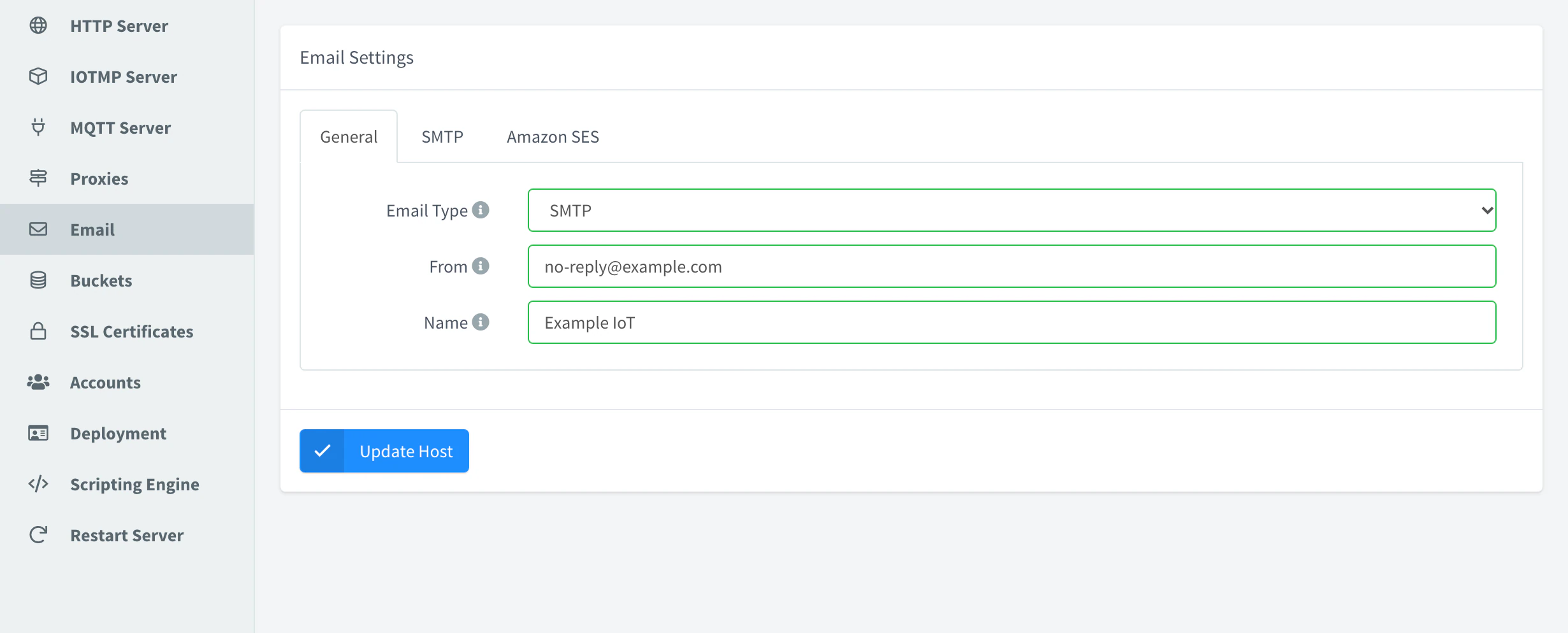 Email section of the server settings with SMTP selected