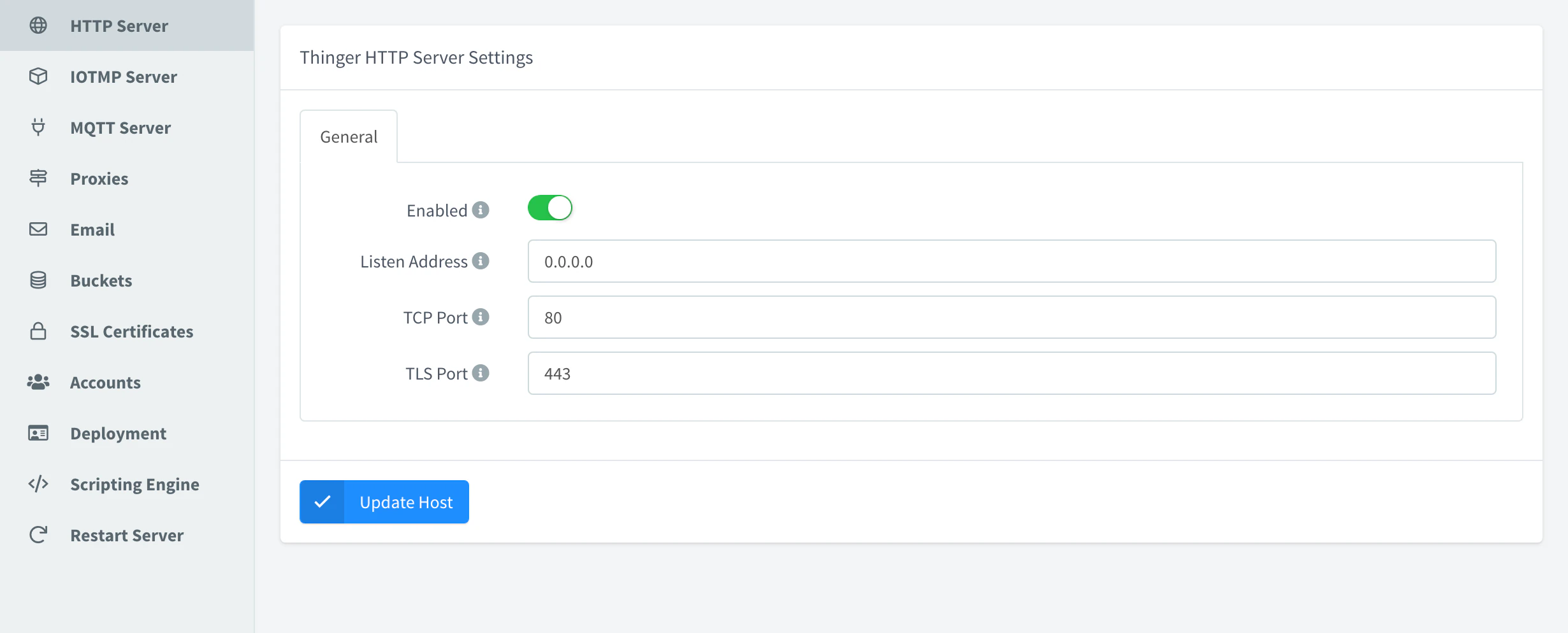 HTTP Server section of the server settings with Enabled on, the listen address 0.0.0.0 and the ports 80 and 443