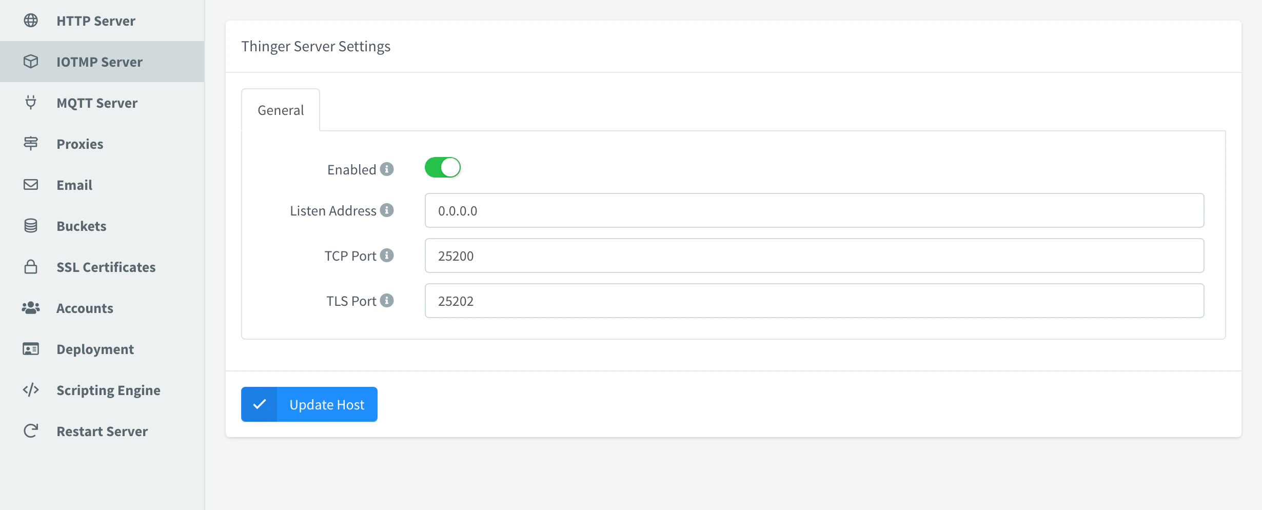 IOTMP Server section of the server settings with Enabled on, the listen address and the ports 25200 and 25202