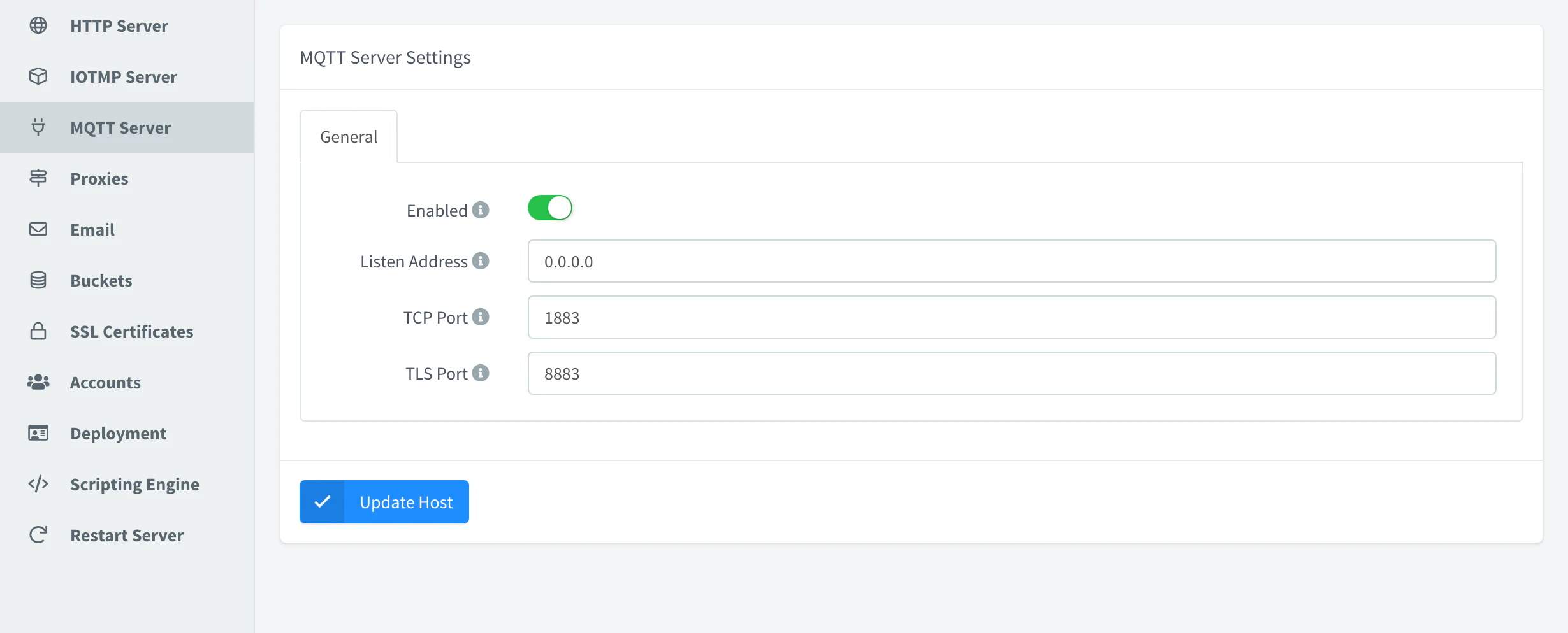 MQTT Server section of the server settings with Enabled on, the listen address and the ports 1883 and 8883