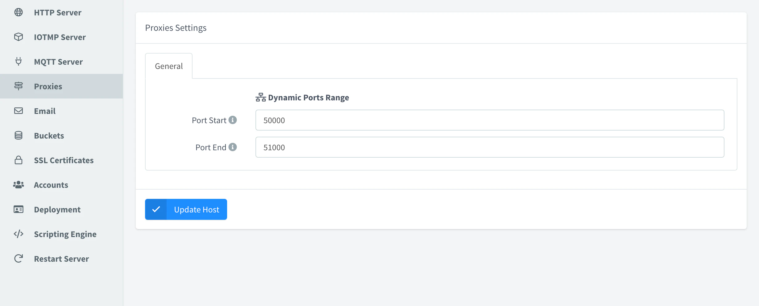 Proxies section of the server settings with the dynamic port range from 50000 to 51000