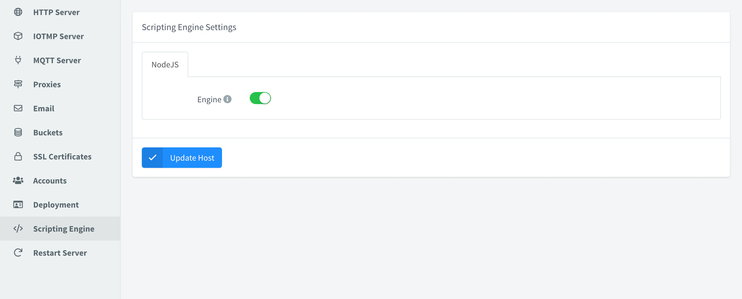 Scripting Engine section of the server settings with the NodeJS engine enabled