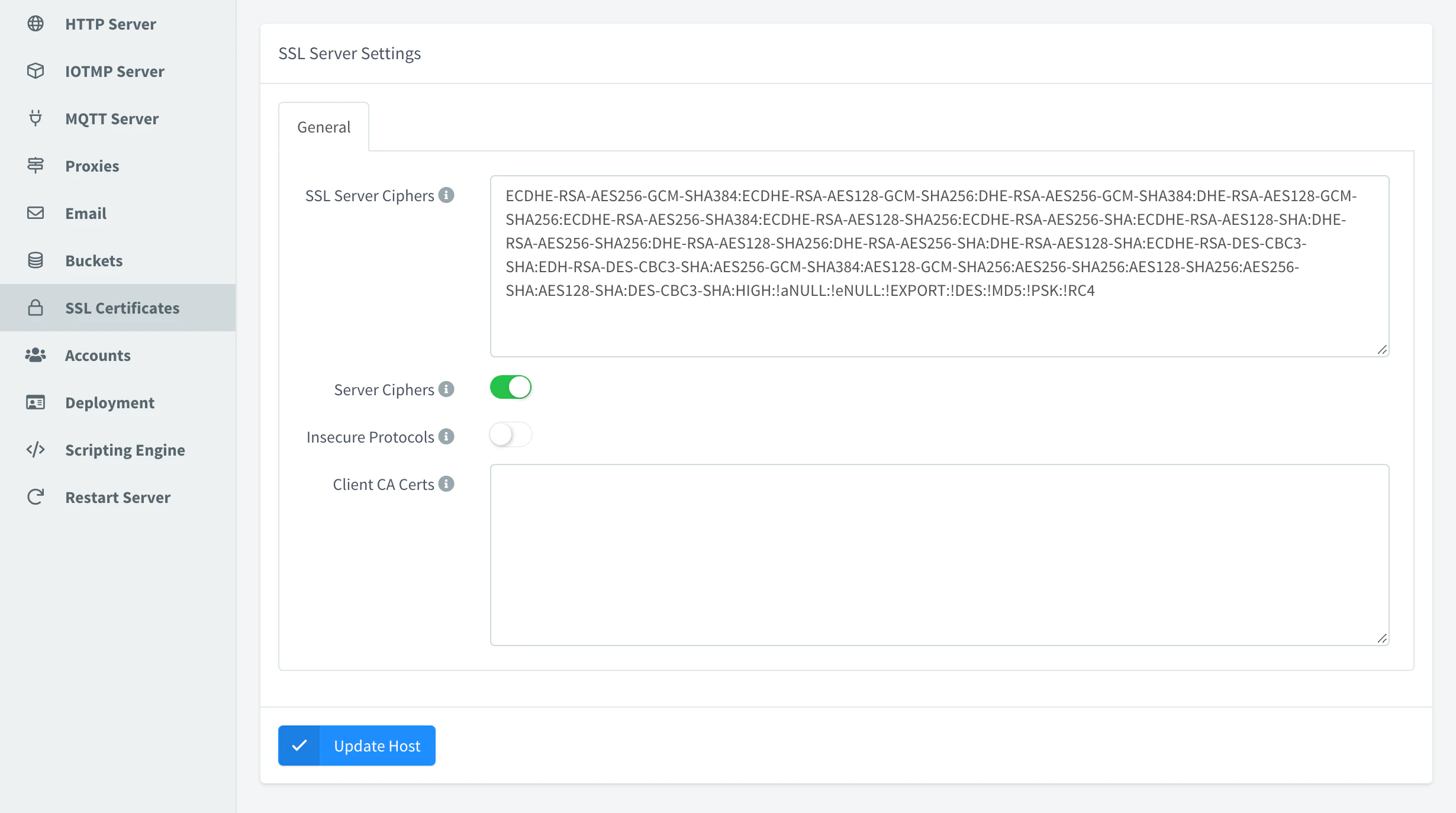 SSL Certificates section of the server settings with the cipher list, the prefer server ciphers and legacy protocols switches and the client CA certificates