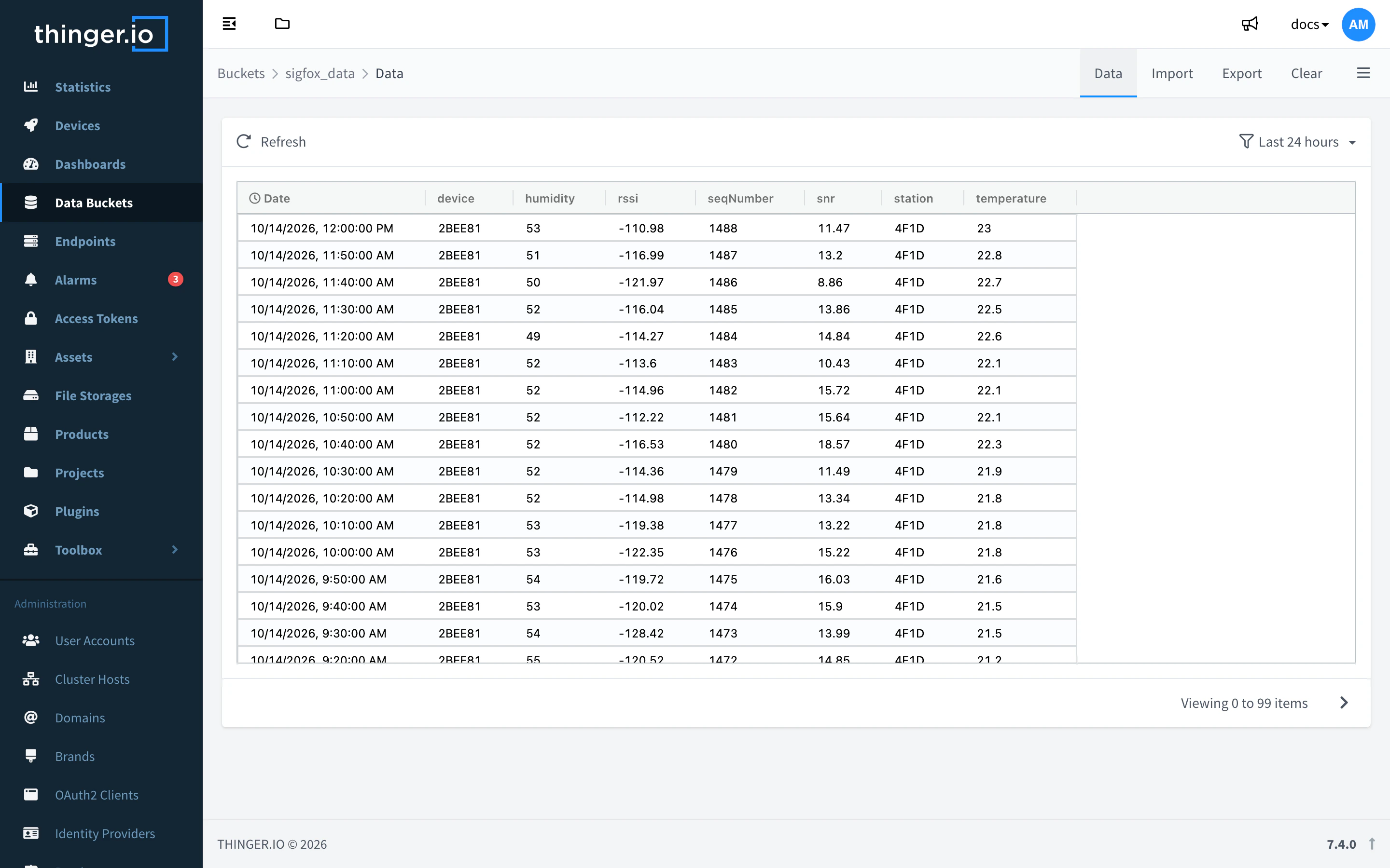 Data table of the sigfox_data bucket with one record every 10 minutes: device, humidity, rssi, seqNumber, snr, station and temperature