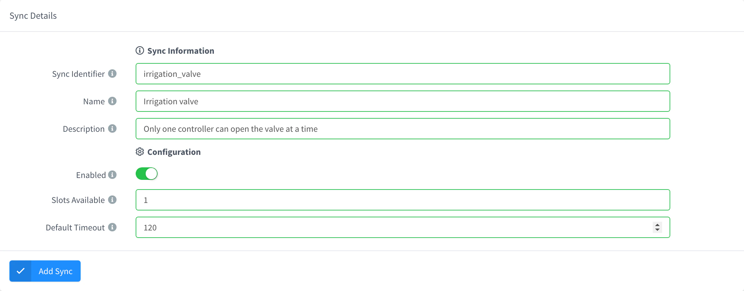 Add Sync form with one slot available and a default timeout of 120 seconds