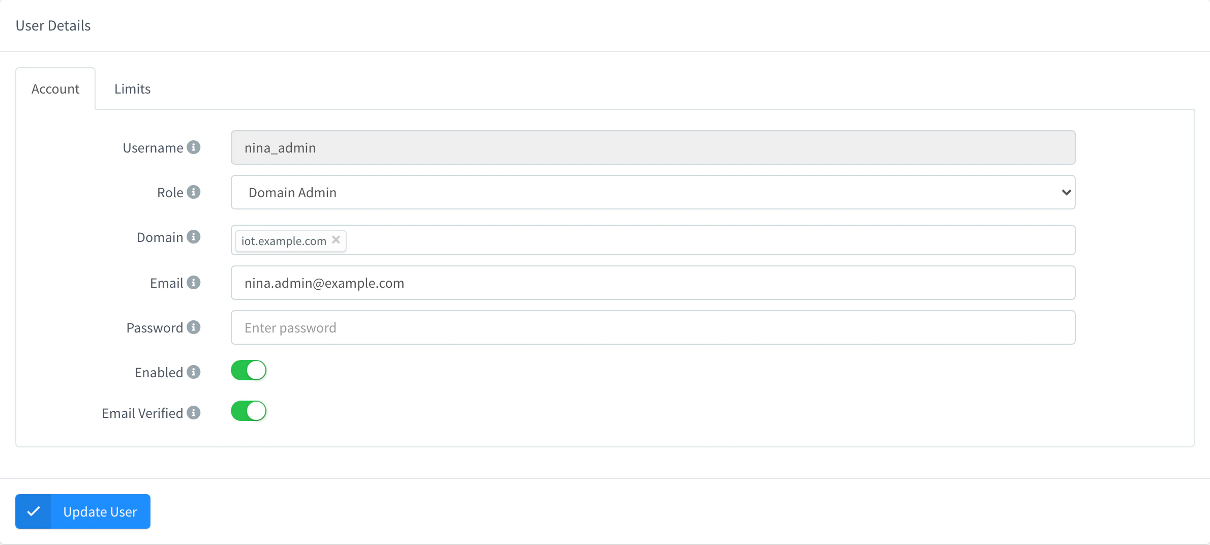 Account tab of the nina_admin account with the Domain Admin role, iot.example.com as Domain, its email, an empty password and Enabled and Email Verified on