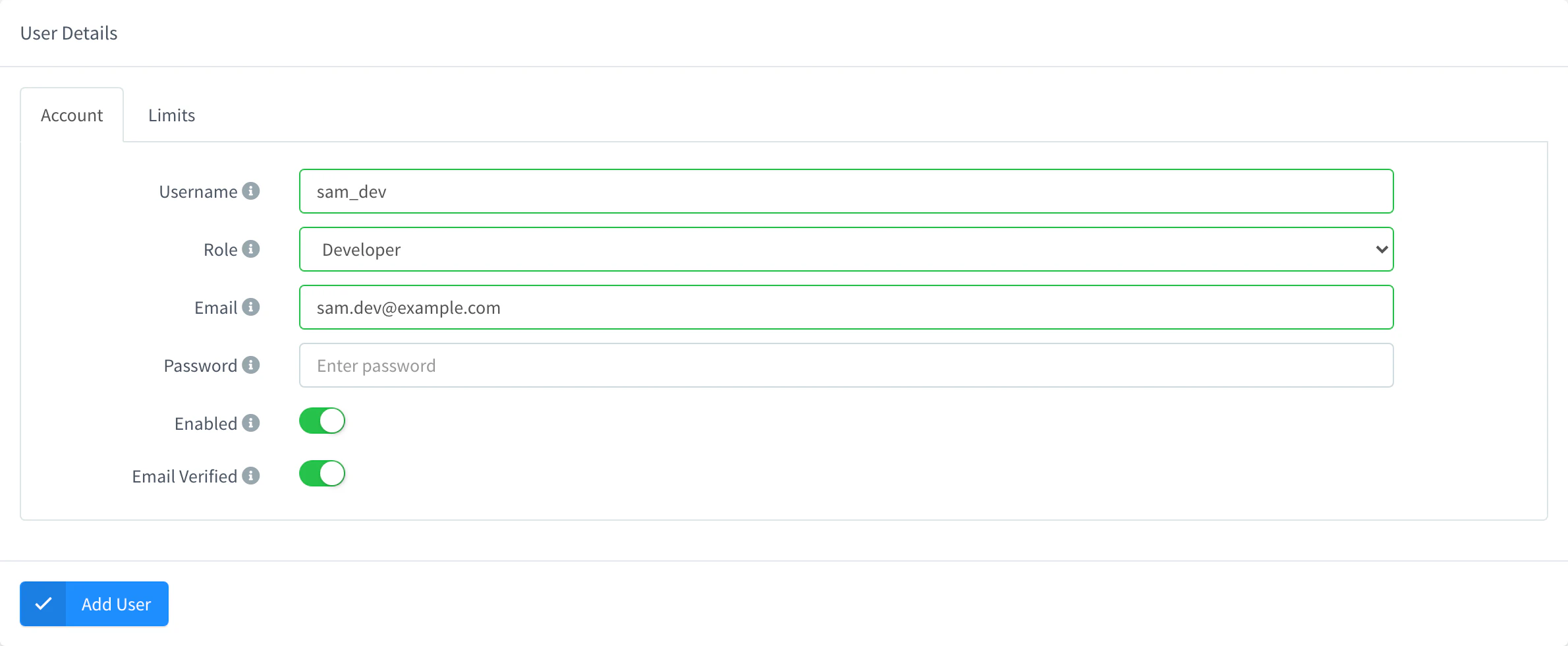 Add User form with username, Developer role and email, and an empty password