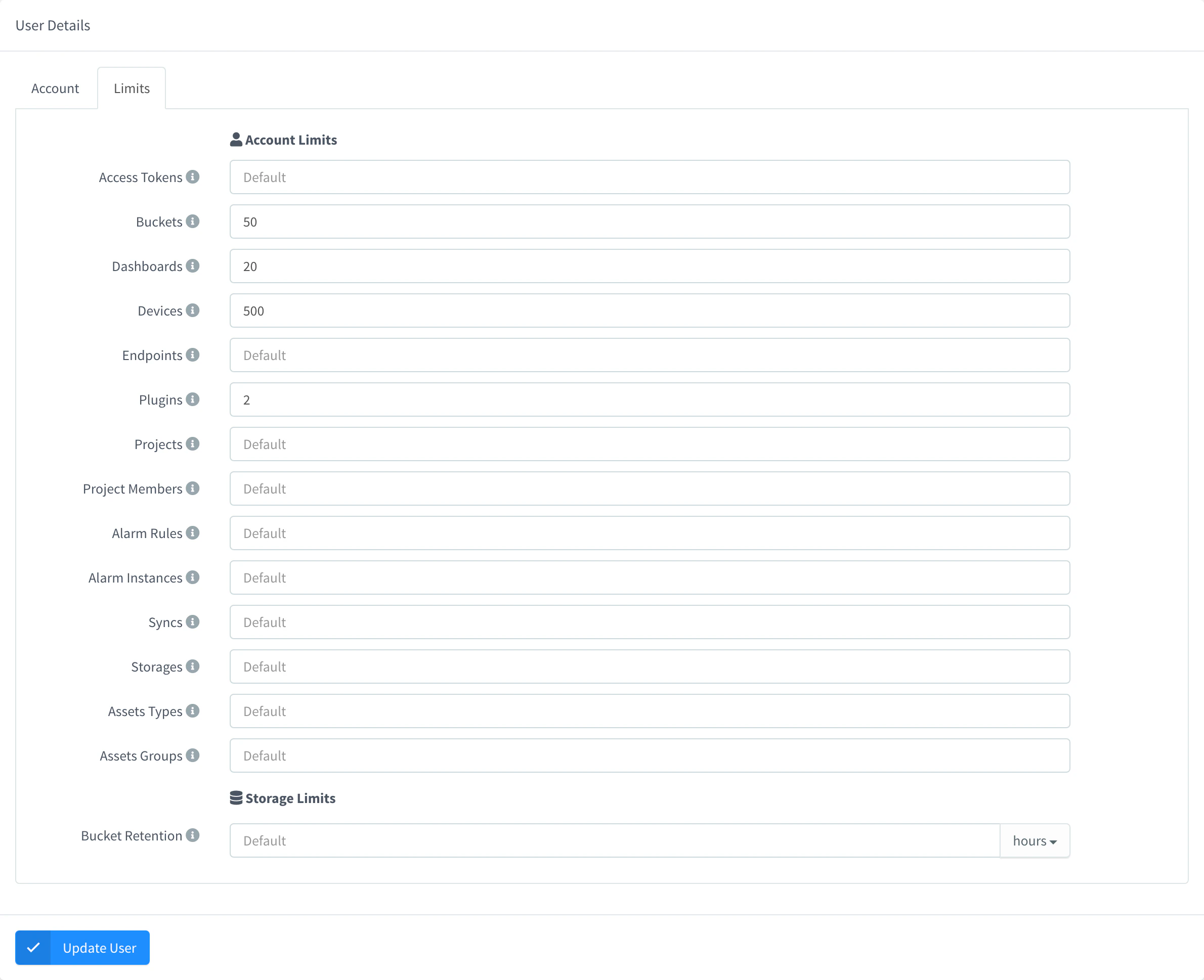 Limits tab of the carlos_partner account with 50 buckets, 20 dashboards, 500 devices and 2 plugins, and every other limit on Default