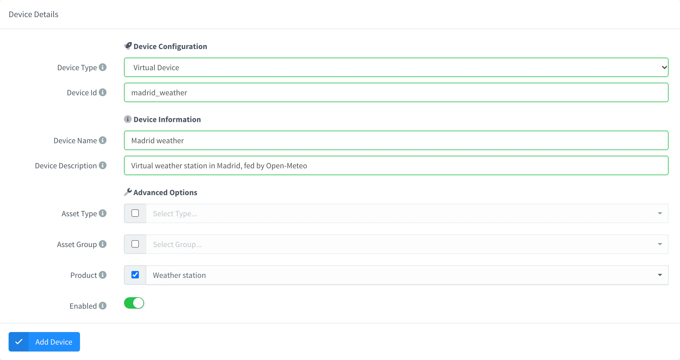Add Device form with Virtual Device selected, the device ID madrid_weather and the Weather station product chosen