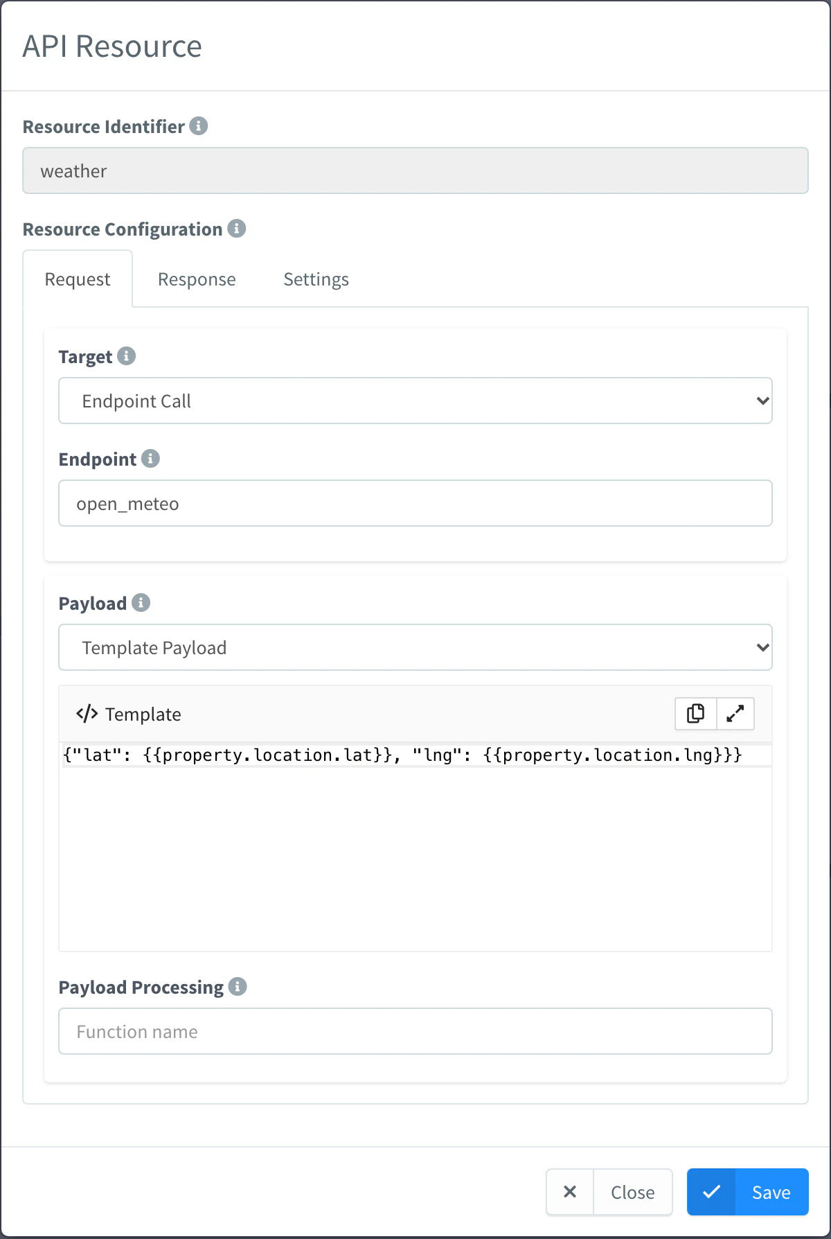 API Resource modal of the weather_station product with an Endpoint Call request to the open_meteo endpoint and a template payload with the lat and lng of the location property