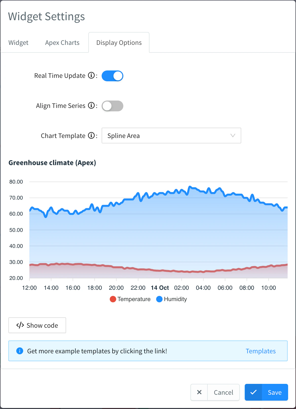 Display Options tab of an Apex Charts widget with Real Time Update, the Spline Area chart template and the preview of the chart