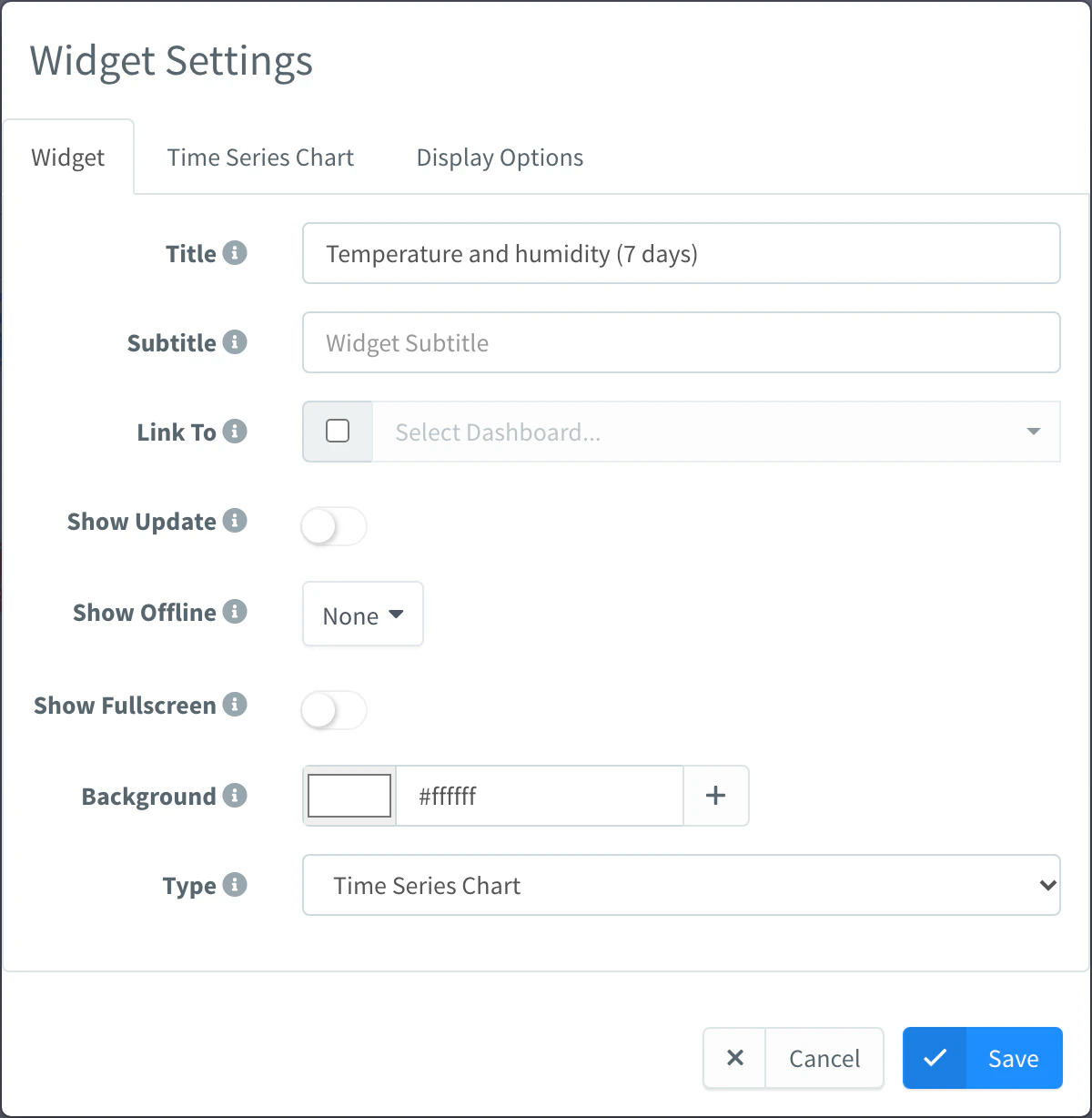 Widget tab of the Widget Settings dialog with the Title, Subtitle, Link To, Show Update, Show Offline, Show Fullscreen, Background and Type settings of a Time Series Chart