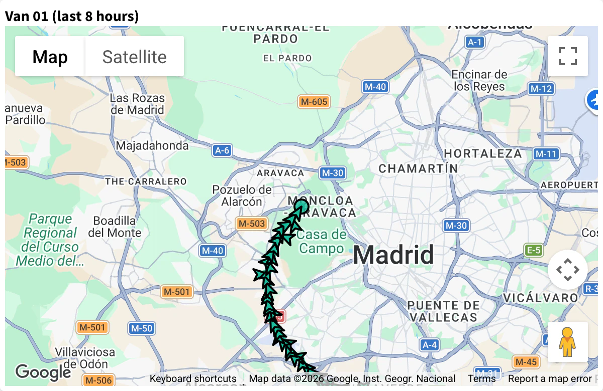 Google Map widget with the track of a van in Madrid over the last 8 hours, drawn from the latitude and longitude of a Data Bucket
