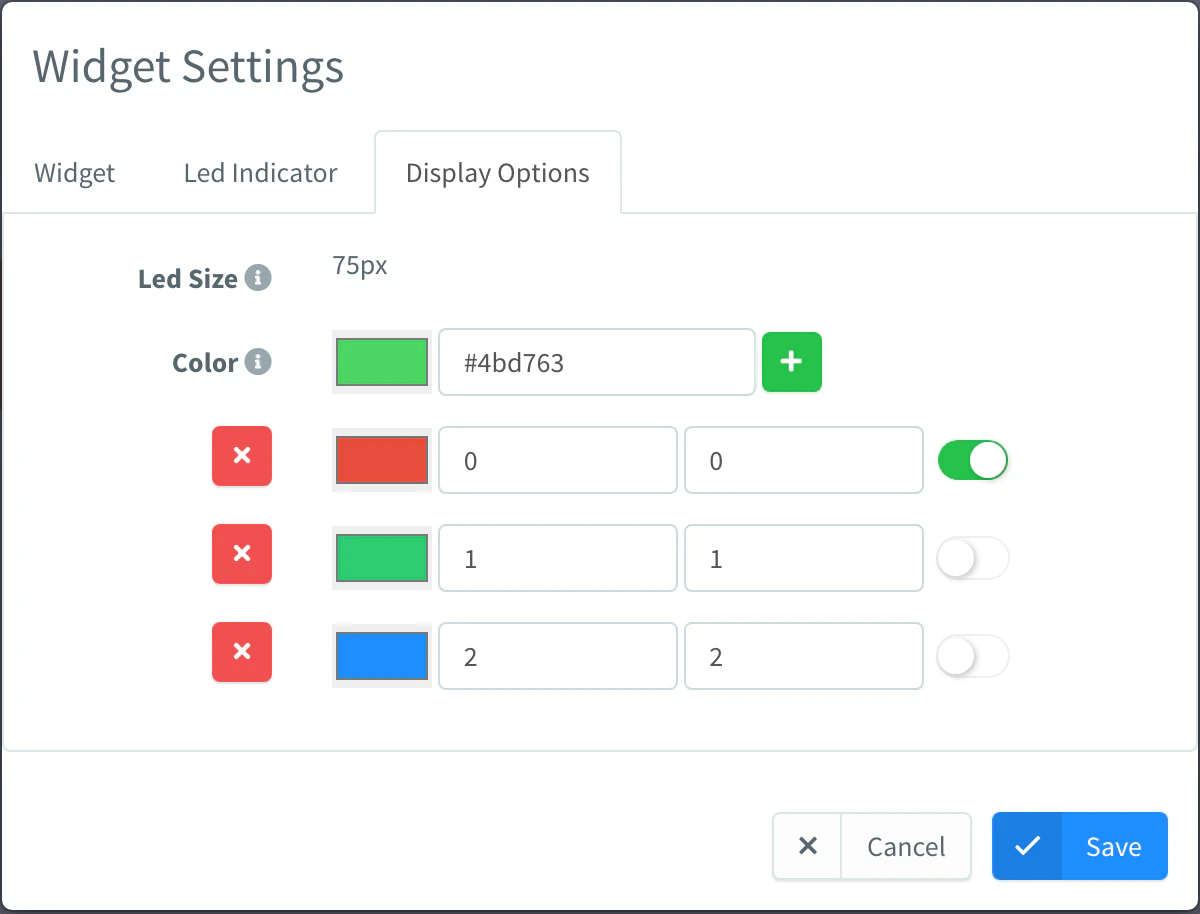 Display Options tab of a Led Indicator with the LED size and three color ranges: 0 red with blink, 1 green and 2 blue